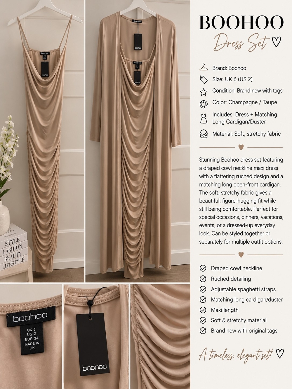 Boohoo Champagne Taupe Draped Cowl Maxi Dress & Long Cardigan Set